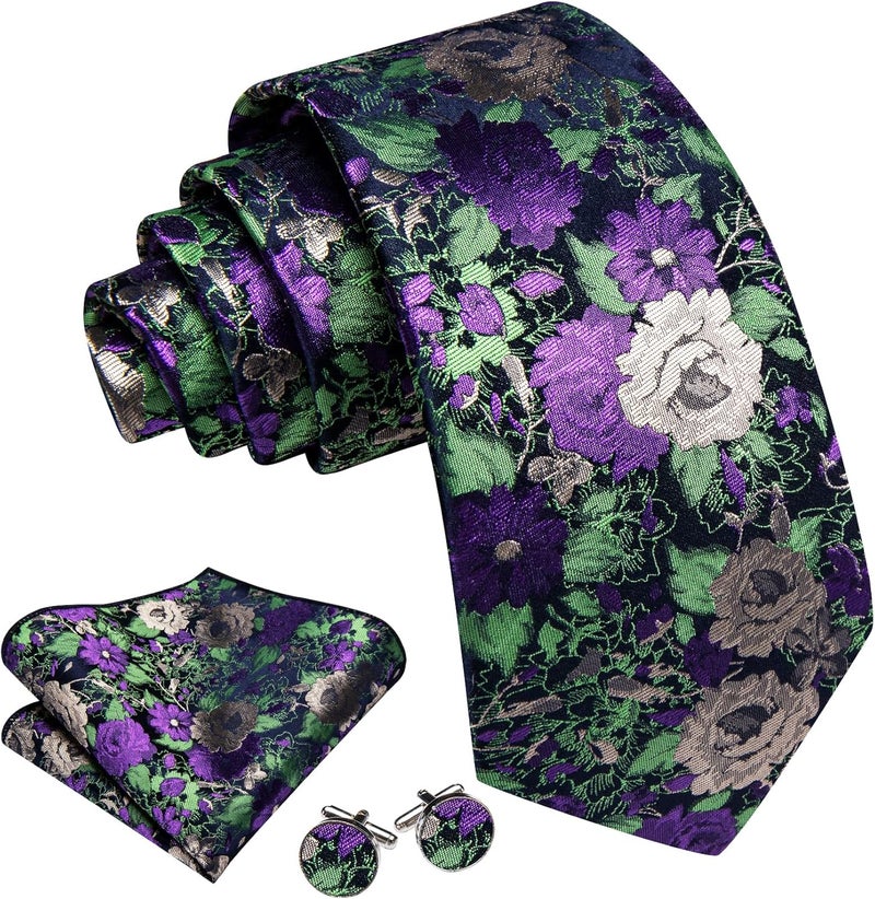 Barry.Wang Store Flower Ties for Men Handkerchief Cufflinks Set Wedding Necktie Set Party - Image 2